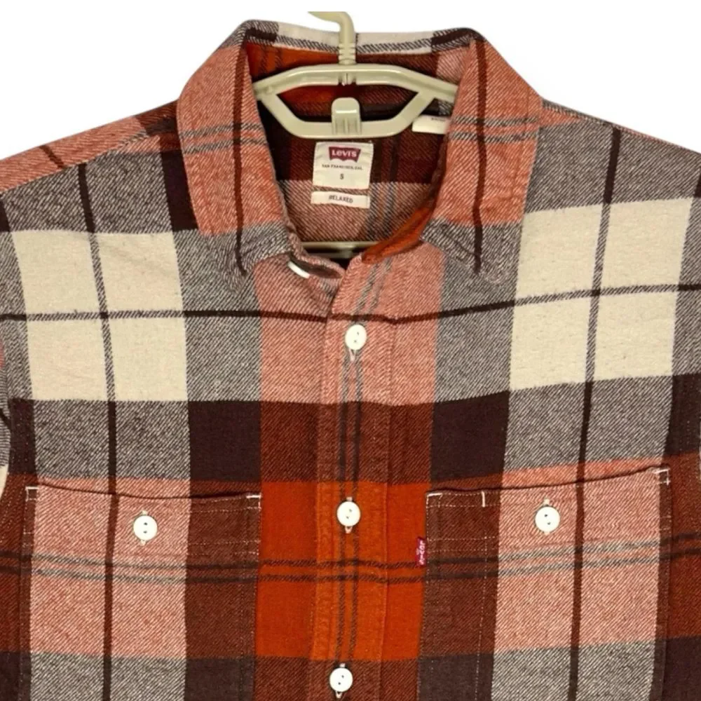 Levi's Relaxed Plaid Flannel Button Down Shirt Orange/Brown Fall  size‎ Small